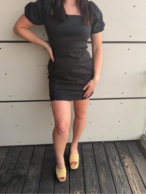 New Look Black Denim Puff Sleeve Bodycon Dress Size 12